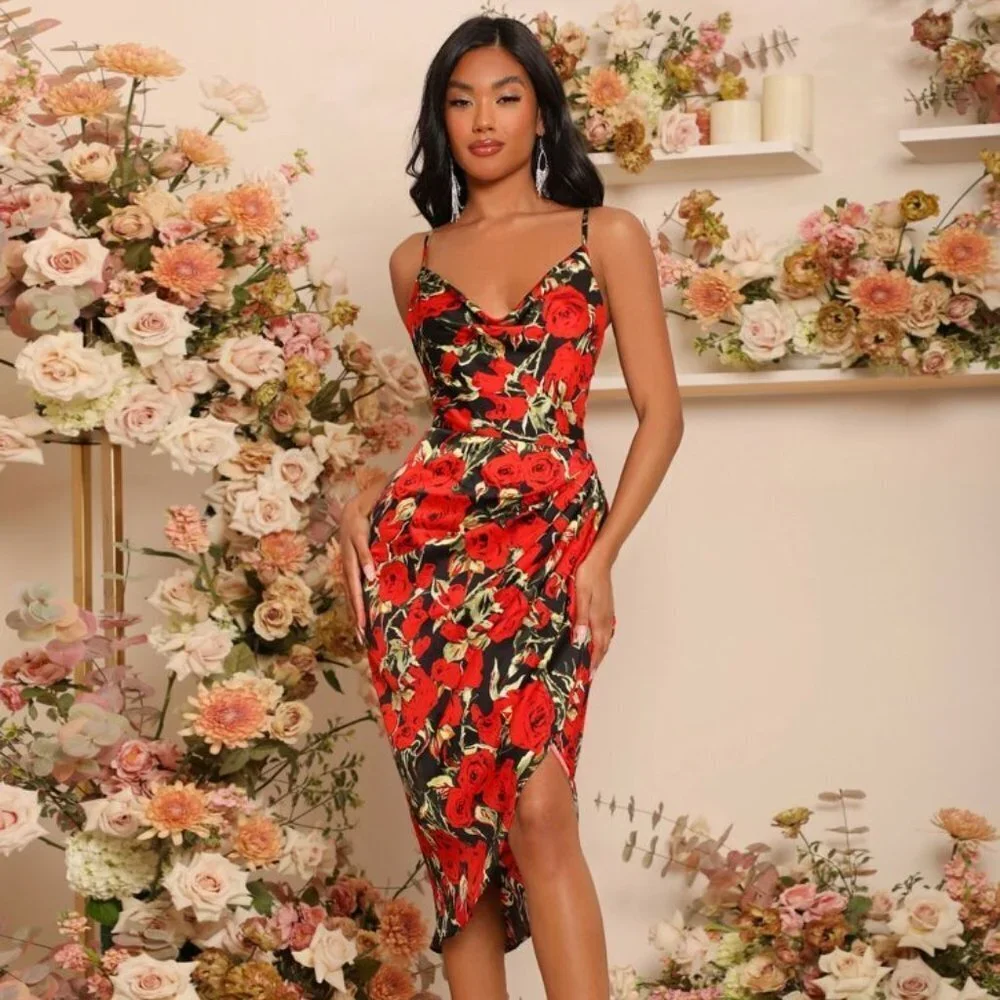 Floral print dress draped neckline spaghetti straps faux wrap Sizes M/XL NEW